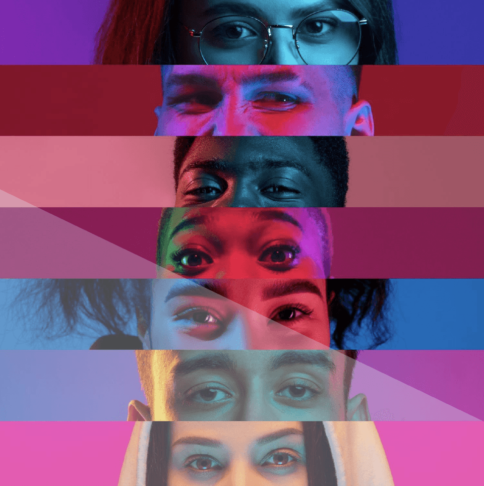 multiple faces cropped to show eyes in horizontal bars